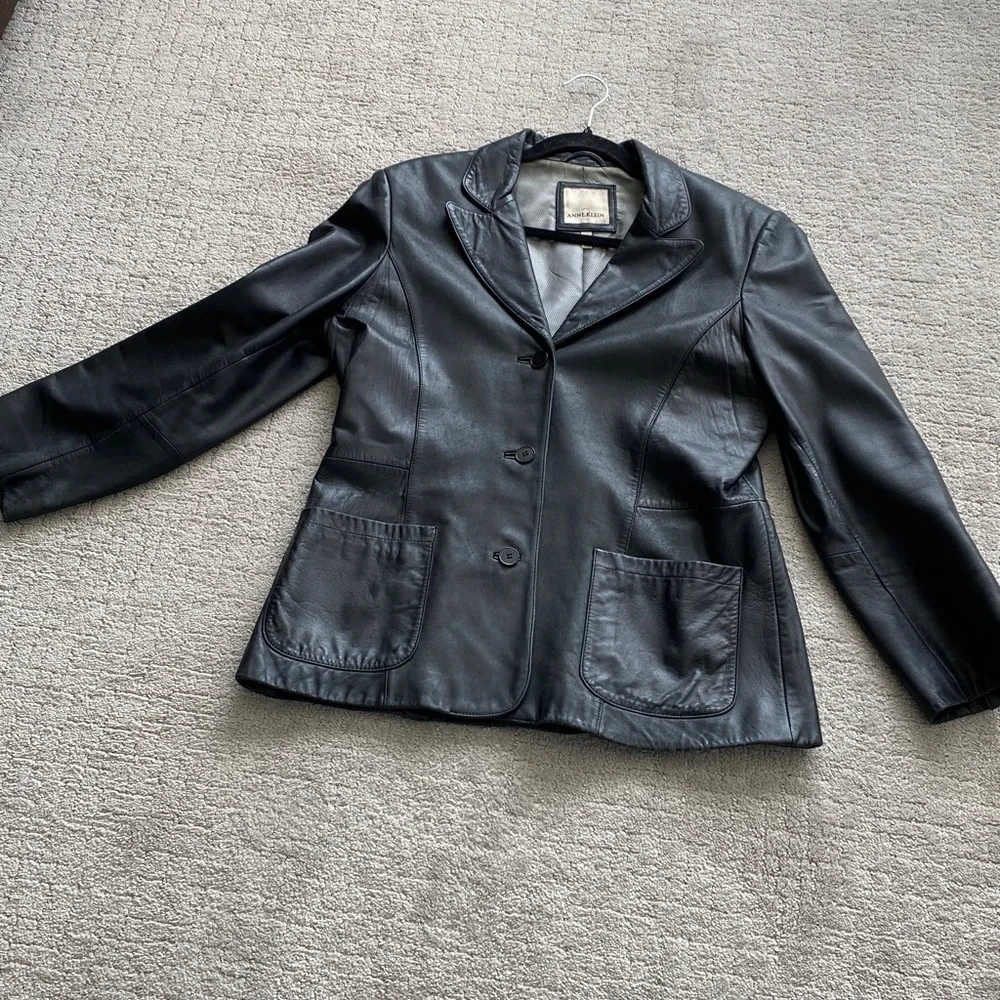 Y2K Lamb Skin Black Leather Blazer Style Jacket by Anne Klein size M